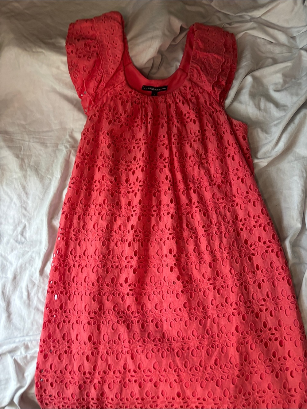 Chris McLaughlin Size 8 Coral Cotton Eyelet Shift Dress Flutter Sleeve